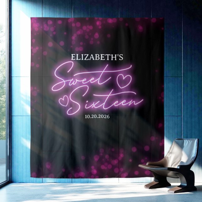 Sweet 16 Bday Hot Pink Neon Glow Backdrop Tapestry (Creator Uploaded)