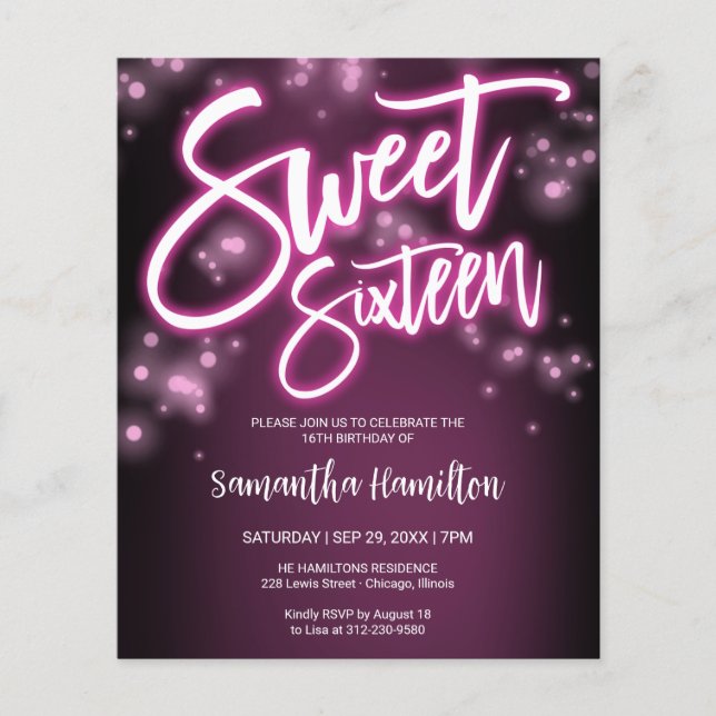 Sweet 16 Bday Hot Pink Neon Glow Budge Invitation (Front)