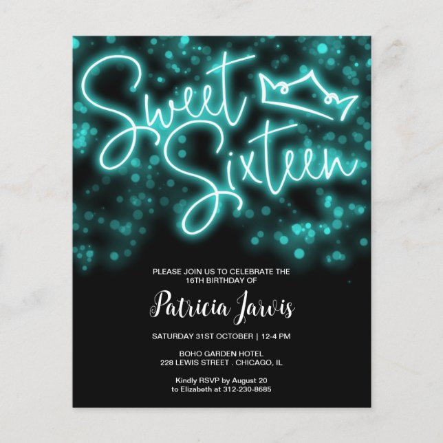 Sweet 16 Bday Teal Neon Glow Budget Invitation (Front)