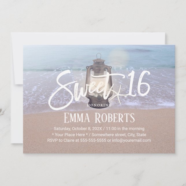 Sweet 16 Beach Starfish & Vintage Lantern Birthday Invitation (Front)