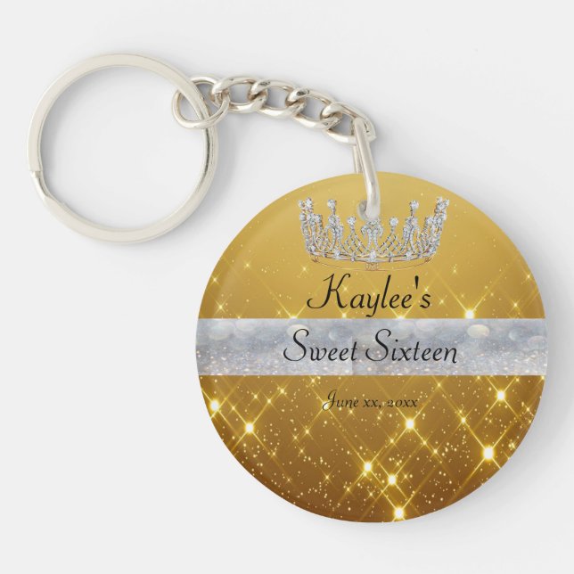 Sweet 16 Beautiful Gold Satin Silver Bokeh Banner Keychain (Front)
