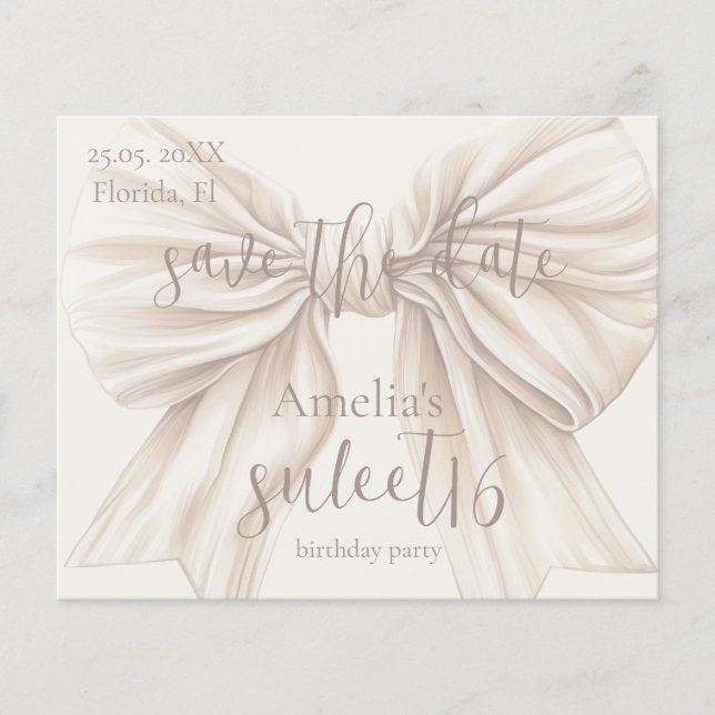 Sweet 16 Beige Bow Watercolor Save the Date (Front)