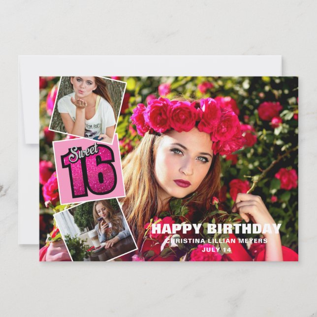 Sweet 16 Birthday 4 Photo Collage Card (Front)