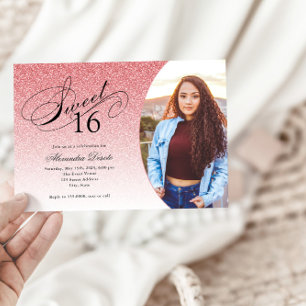 Sweet 16 Birthday Baby Pink Glitter Glam Photo  Invitation