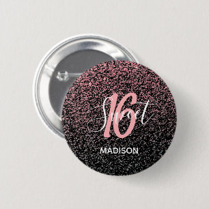Sweet 16 Birthday Black Blush Pink Glitter Name 2 Inch Round Button