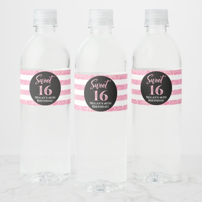Sweet 16 Birthday Black Pink Stripes Water Bottle Label (Bottles)