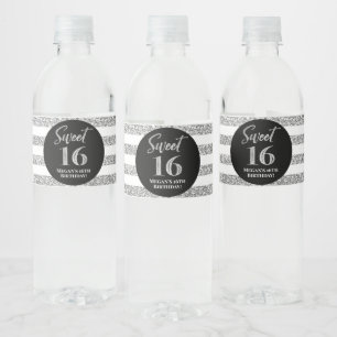 Sweet 16 Birthday Black Silver Stripes Water Bottle Label