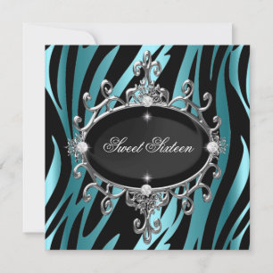Sweet 16 Birthday Blue Zebra Black Stripe Invitation