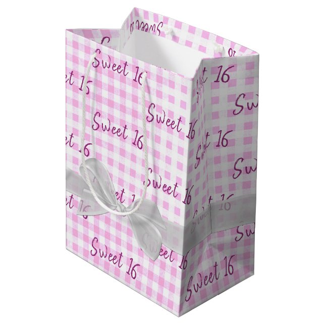 Sweet 16 Birthday Bow On Gingham Medium Gift Bag (Back Angled)