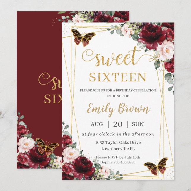 Sweet 16 Birthday Burgundy Blush Floral Butterfly  Invitation (Front/Back)