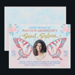 Sweet 16 Birthday | Butterfly Floral Photo Party Invitation<br><div class="desc">These gorgeously unique Sweet 16 birthday party invitations transform your daughter into a beautiful butterfly. The pretty design has a vintage fairy-tale look in whimsical shades of pink, blue, and gold. Your daughter's photo fills the centre of the butterfly wings. The cute design is made in watercolor with faux (printed)...</div>