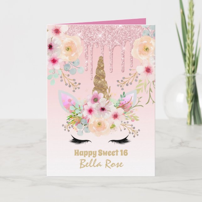 Sweet 16 Birthday Card Personalized Cute Unicorn  (Front)