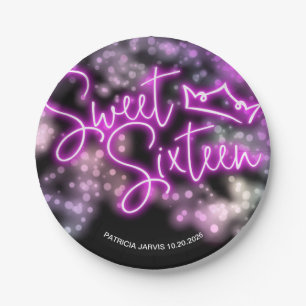 Sweet 16 Birthday Colourful Neon Glow Dark Party Paper Plate
