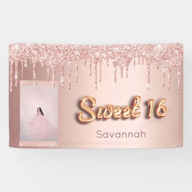 Sweet 16 birthday custom photo rose gold glitter banner (Horizontal)