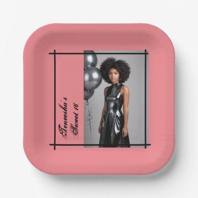 Sweet 16 Birthday – Custom Pink & Black  Paper Plate (Front)