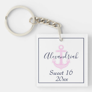 Sweet 16 Birthday Custom Pink Navy Nautical Keyc Keychain