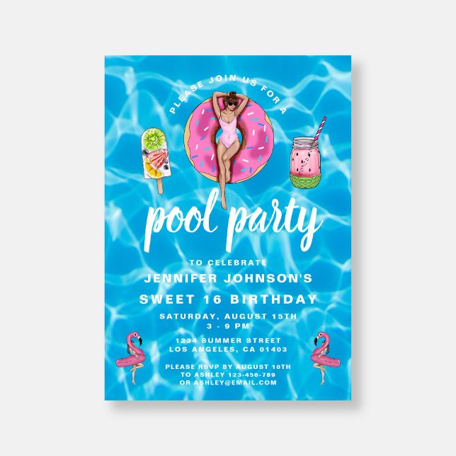 Sweet 16 Birthday Cute Pink Summer Pool Party  Invitation (Sweet 16 Birthday Cute Pink Summer Pool Party Invitation)