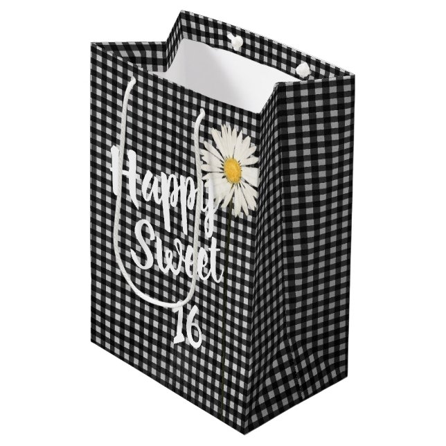Sweet 16 Birthday Daisy On Gingham Medium Gift Bag (Front Angled)