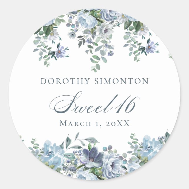 Sweet 16 Birthday Dusty Blue Floral Classic Round Sticker (Front)