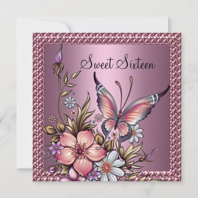 Sweet 16 Birthday Elegant Floral Butterfly Pink Invitation (Front)