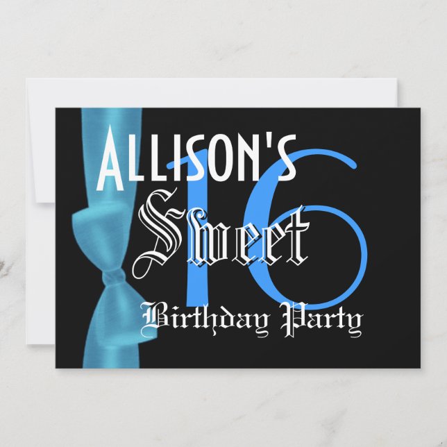Sweet 16 Birthday  Faux Blue Bow Invitation (Front)