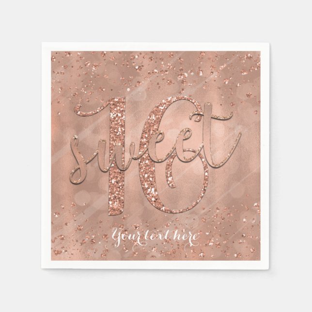 Sweet 16 Birthday Faux Rose Gold Glitter Party Napkin (Front)