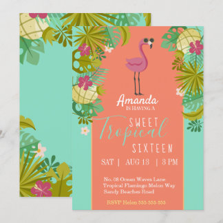 Sweet 16 Birthday Flamingo Luau Palm Tree Beach Invitation