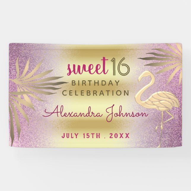 Sweet 16 Birthday Flamingo Pink and Gold Banner (Horizontal)