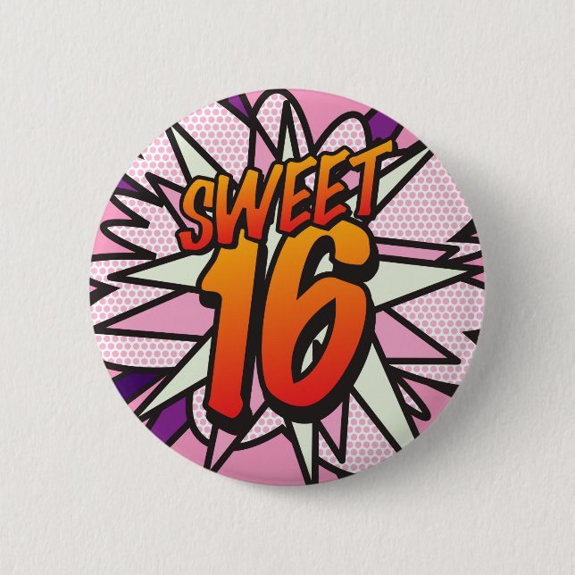 SWEET 16 Birthday Fun Retro Comic Book 2 Inch Round Button (Front)