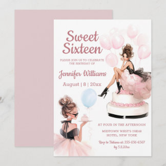sweet 16 birthday girl pink party invitation