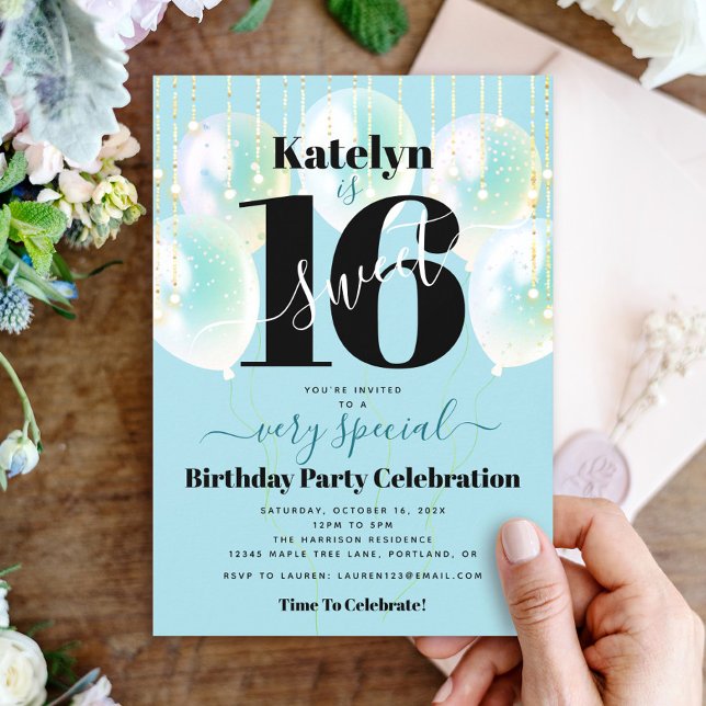 Sweet 16 Birthday Girly Glam Turquoise Balloons Invitation (Creator Uploaded)