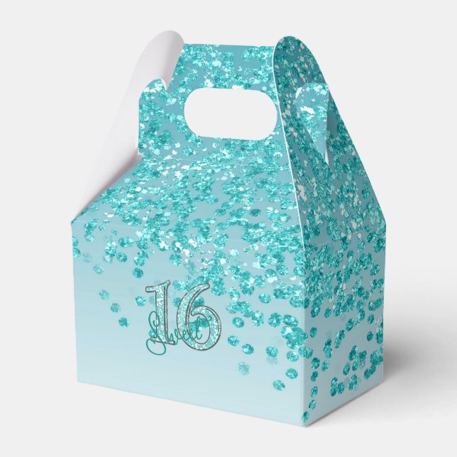 Sweet 16 Birthday Glam Teal Blue Glitter  Favor Box (Front Side)