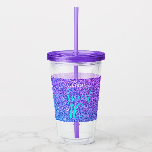 Sweet 16 Birthday Glitter Purple Teal Personalized Acrylic Tumbler (Front)