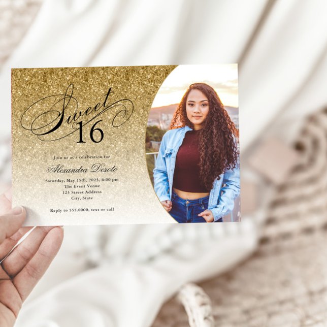 Sweet 16 Birthday Gold Glitter Glam Photo  Invitation (Creator Uploaded)