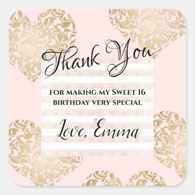 Sweet 16 Birthday Gold Glitter Thank You Favour Square Sticker (Front)