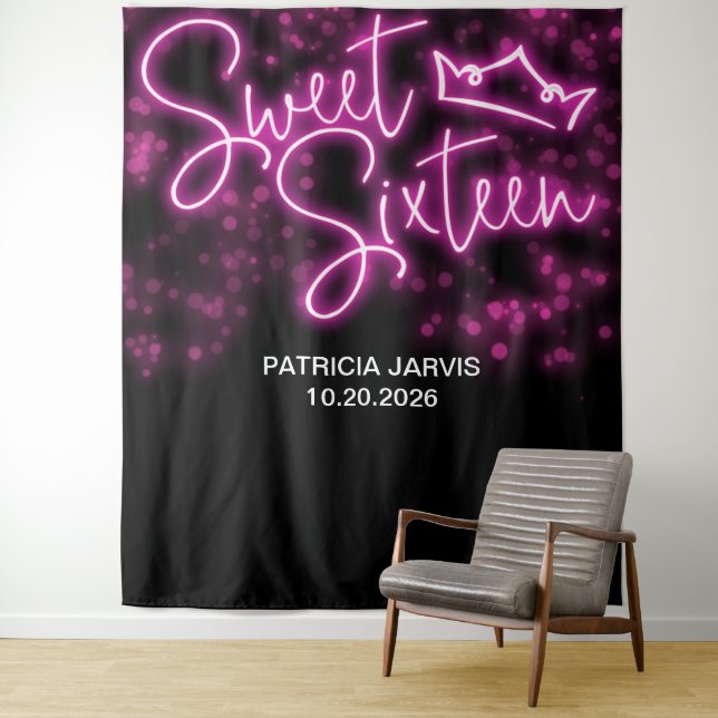 Sweet 16 Birthday Hot Pink Neon Glow Backdrops Tapestry (In Situ)
