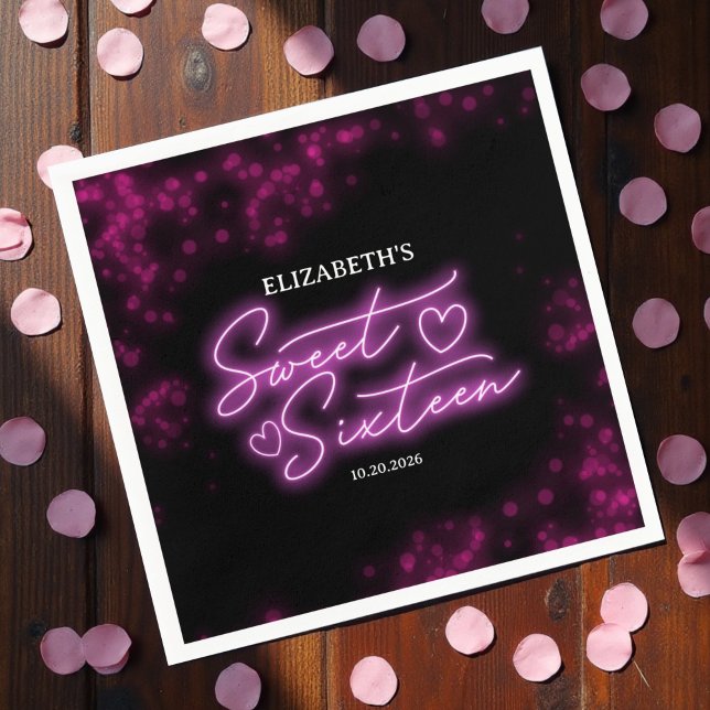 Sweet 16 Birthday Hot Pink Neon Glow Dark Party Napkin (Creator Uploaded)