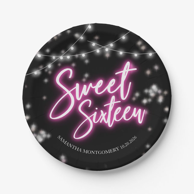 Sweet 16 Birthday Hot Pink Neon-Themed Party Paper Plate (Front)