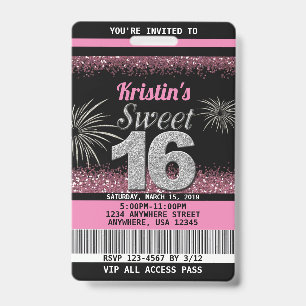 Sweet 16 Birthday Invitations in Blush Pink Badge