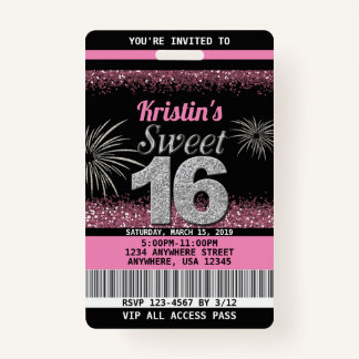 Sweet 16 Birthday Invitations in Blush Pink Badge