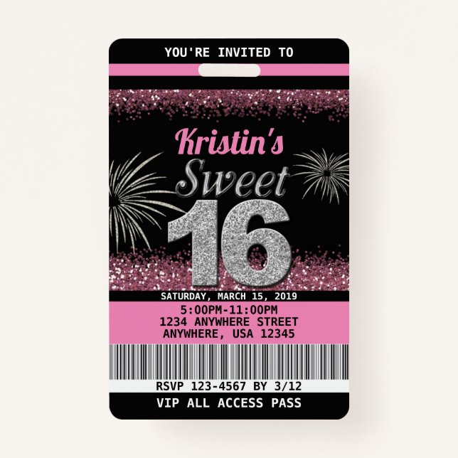 Sweet 16 Birthday Invitations in Blush Pink Badge (Front)