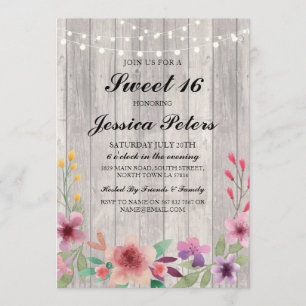 Sweet 16 Birthday Lights Rustic Wood Floral Invite