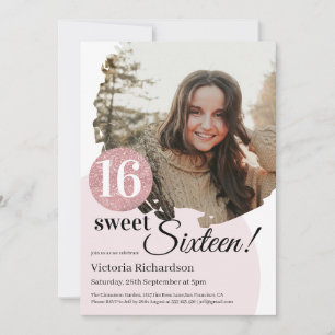 Sweet 16 Birthday Modern Pink Glitter Custom Photo Invitation