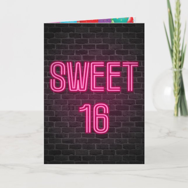 Sweet 16 Birthday Neon Sign on brick Card (Front)