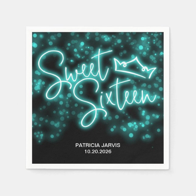 Sweet 16 Birthday Neon Teal Neon Glow Dark Party Napkin (Front)