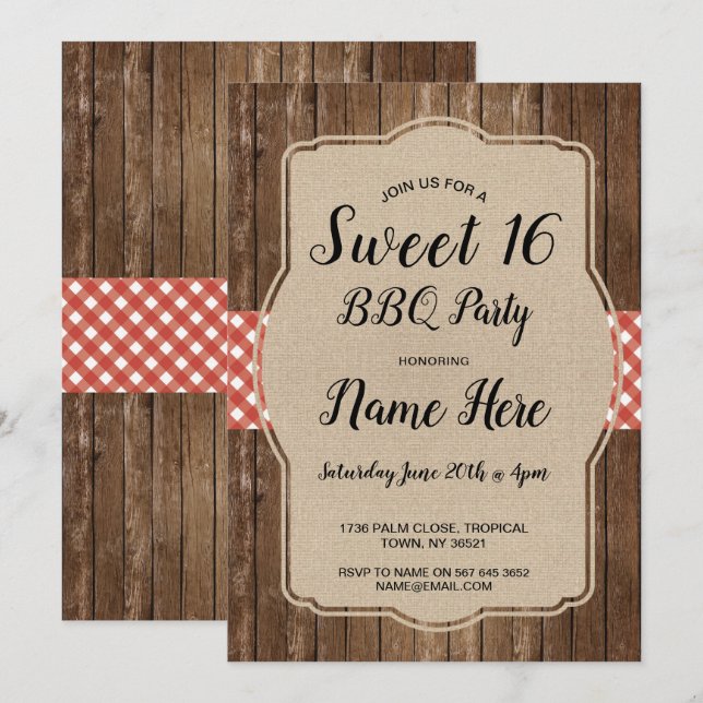Sweet 16 Birthday Party BBQ Red Gingham Burlap Invitation (Front/Back)