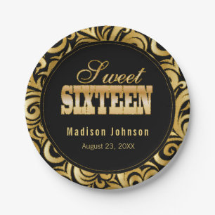 Sweet 16 Birthday Party - Black and Gold Paper Plate