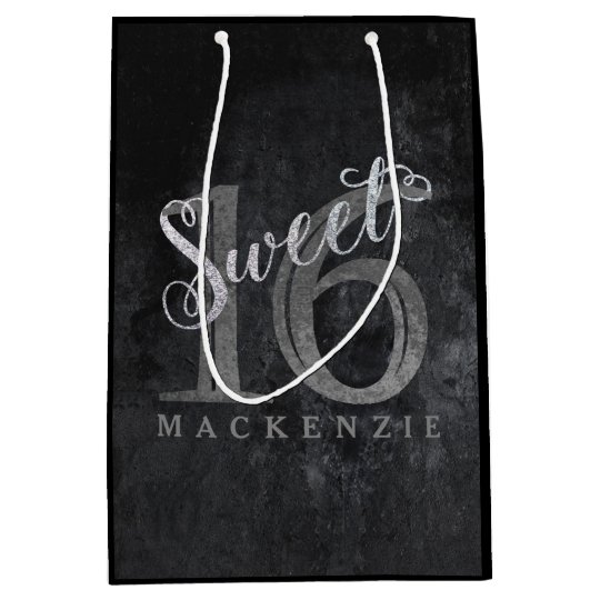 Sweet 16 Birthday Party Black Charcoal Silver Name Medium Gift Bag