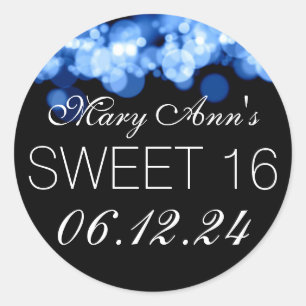 Sweet 16 Birthday Party Blue Bokeh Lights Classic Round Sticker