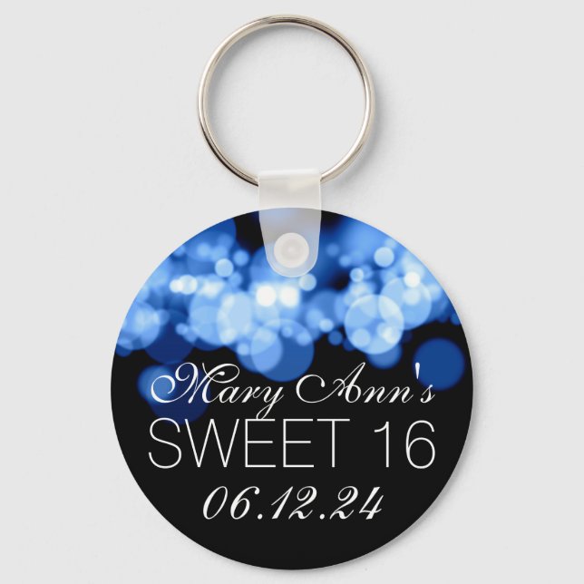 Sweet 16 Birthday Party Blue Bokeh Lights Keychain (Front)
